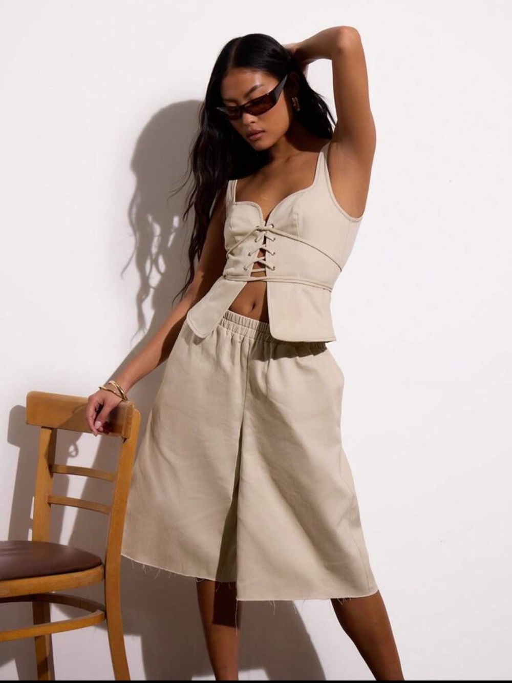 BN Beige Lace-Up Corset Tank Top and Wide-Leg Culottes Set